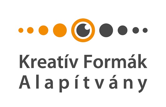 Kreatív Formák Alapítvány logoja - fehér háttéren narancs és szürke pöttyök, amelyek középen összekapcsolódnak